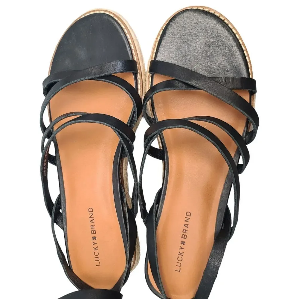 Lucky Brand Women's Nemelli Black Leather Espadrille Strappy Platform Sandals 9M